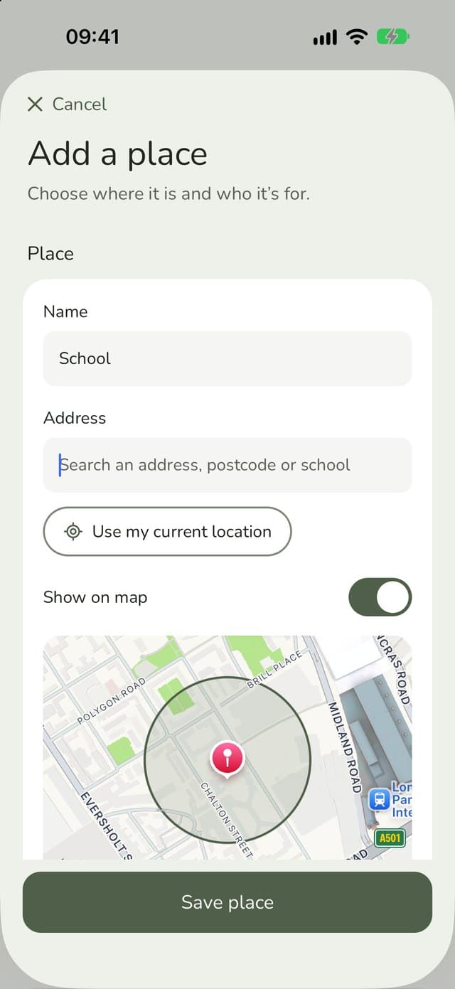 Adding School as a place, with its address and a circle on the map