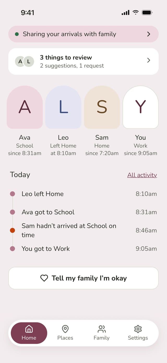 Family Haven parent Home: each family member’s place, today’s arrivals and a Tell my family I’m okay button