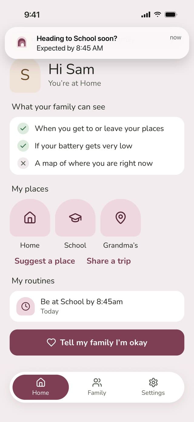 Sam’s phone showing the nudge: Heading to School soon? Expected by 8:45am