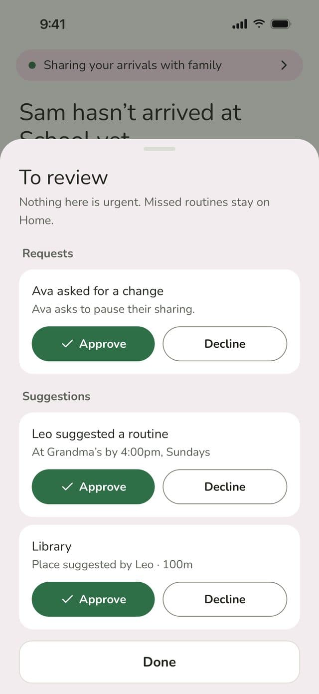 To review sheet: Ava asks to pause sharing, Leo suggests a routine and a new place, each with Approve and Decline