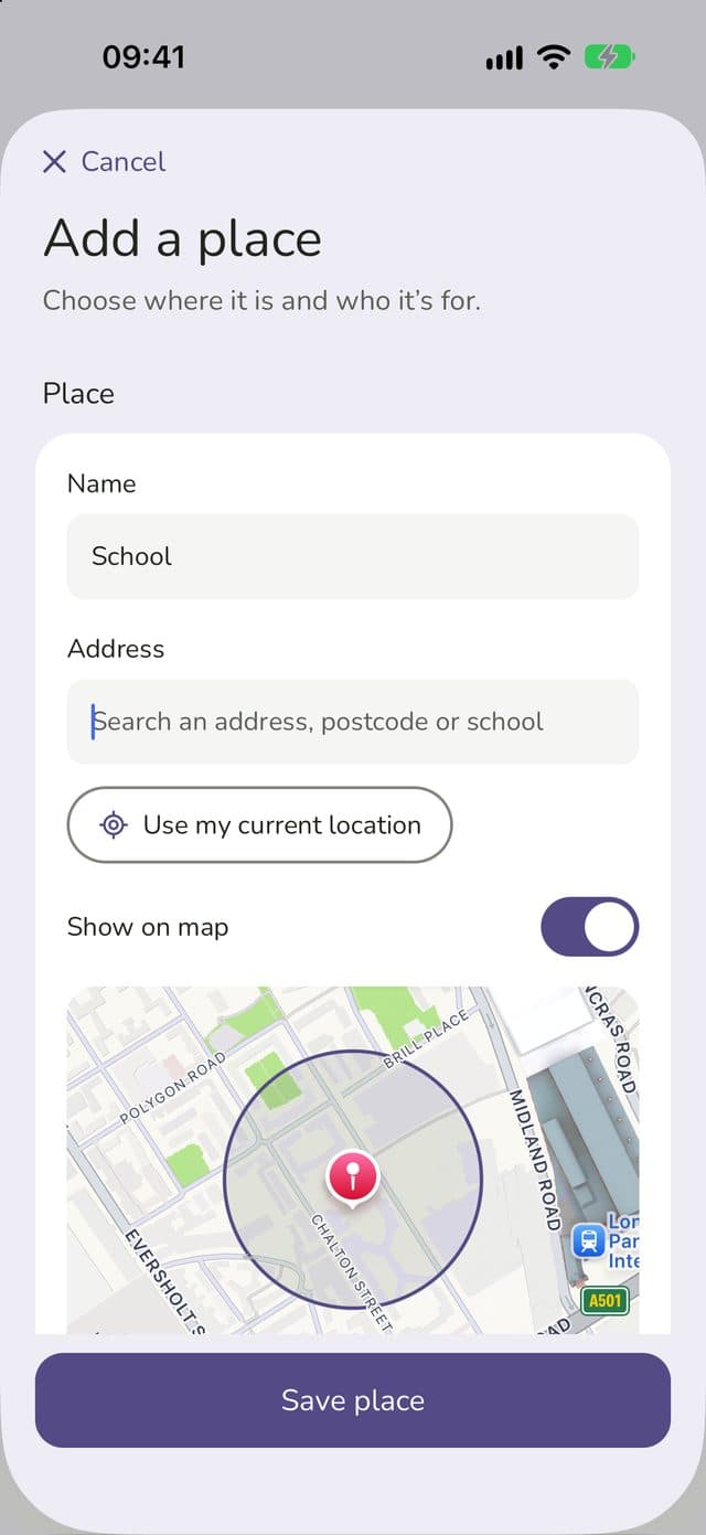 Adding School as a place, with its address and a circle on the map
