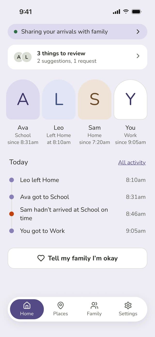 Family Haven parent Home: each family member’s place, today’s arrivals and a Tell my family I’m okay button