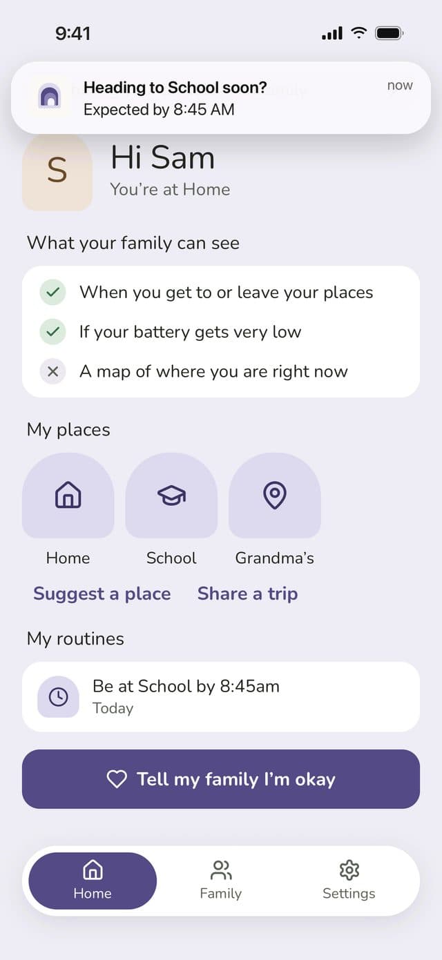 Sam’s phone showing the nudge: Heading to School soon? Expected by 8:45am