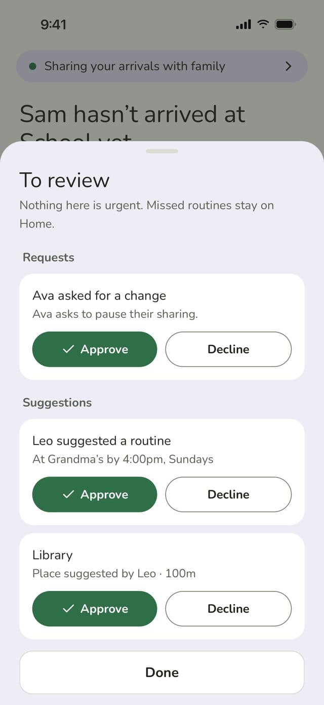 To review sheet: Ava asks to pause sharing, Leo suggests a routine and a new place, each with Approve and Decline