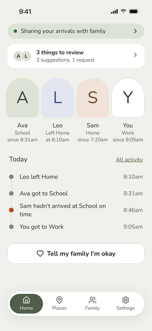 Family Haven parent Home: each family member’s place, today’s arrivals and a Tell my family I’m okay button