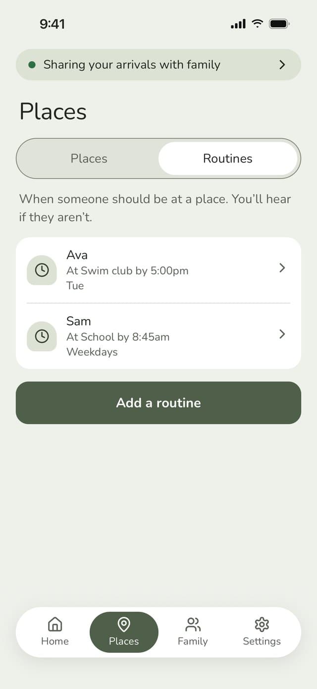 Routines list: Ava at Swim club by 5:00pm on Tuesdays, Sam at School by 8:45am on weekdays