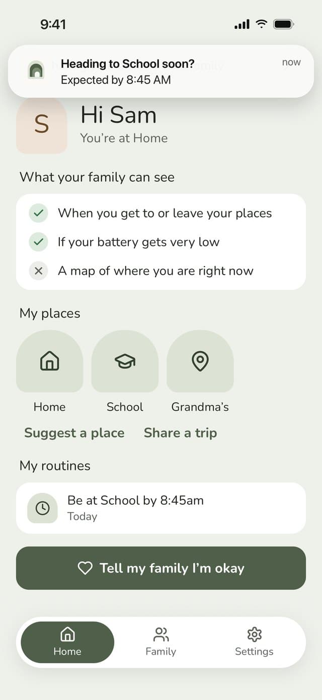 Sam’s phone showing the nudge: Heading to School soon? Expected by 8:45am