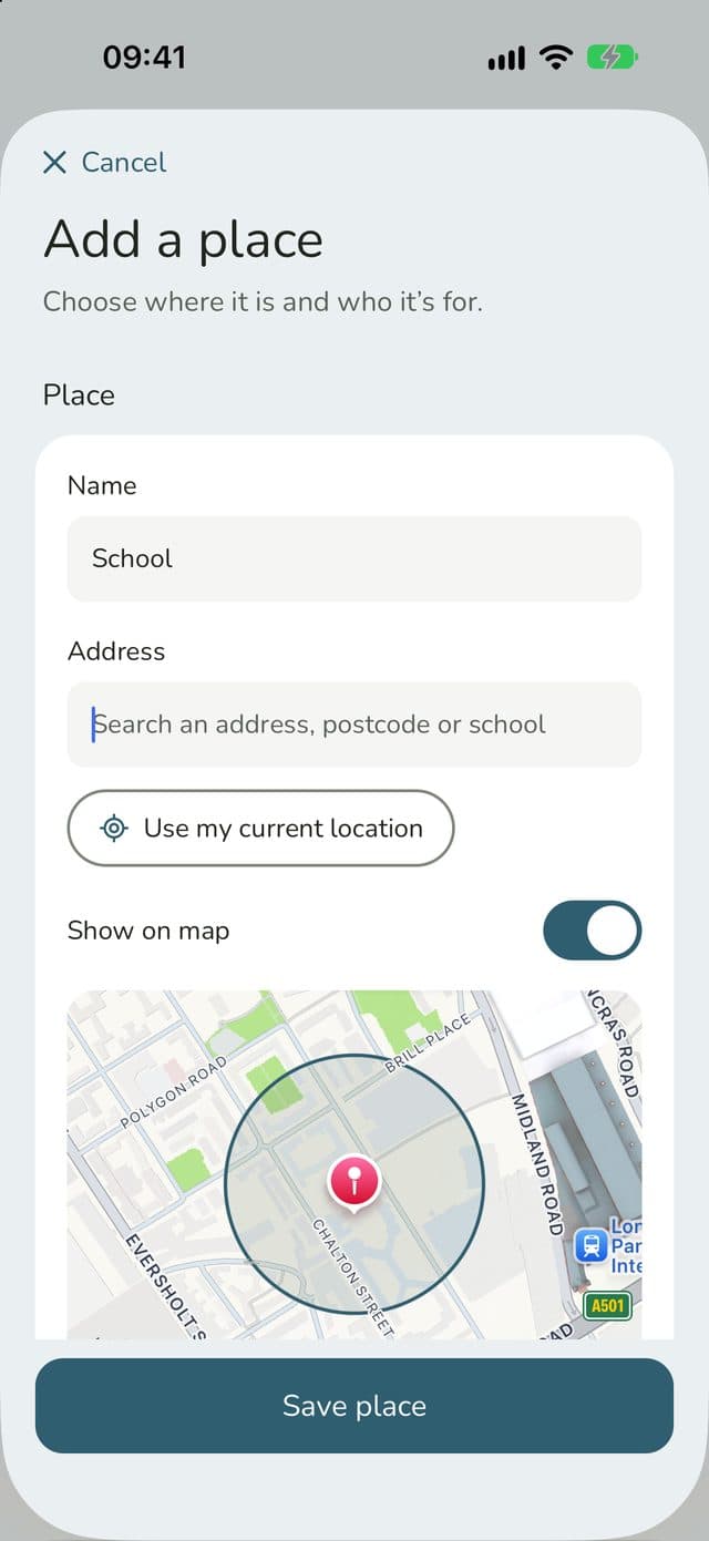 Adding School as a place, with its address and a circle on the map