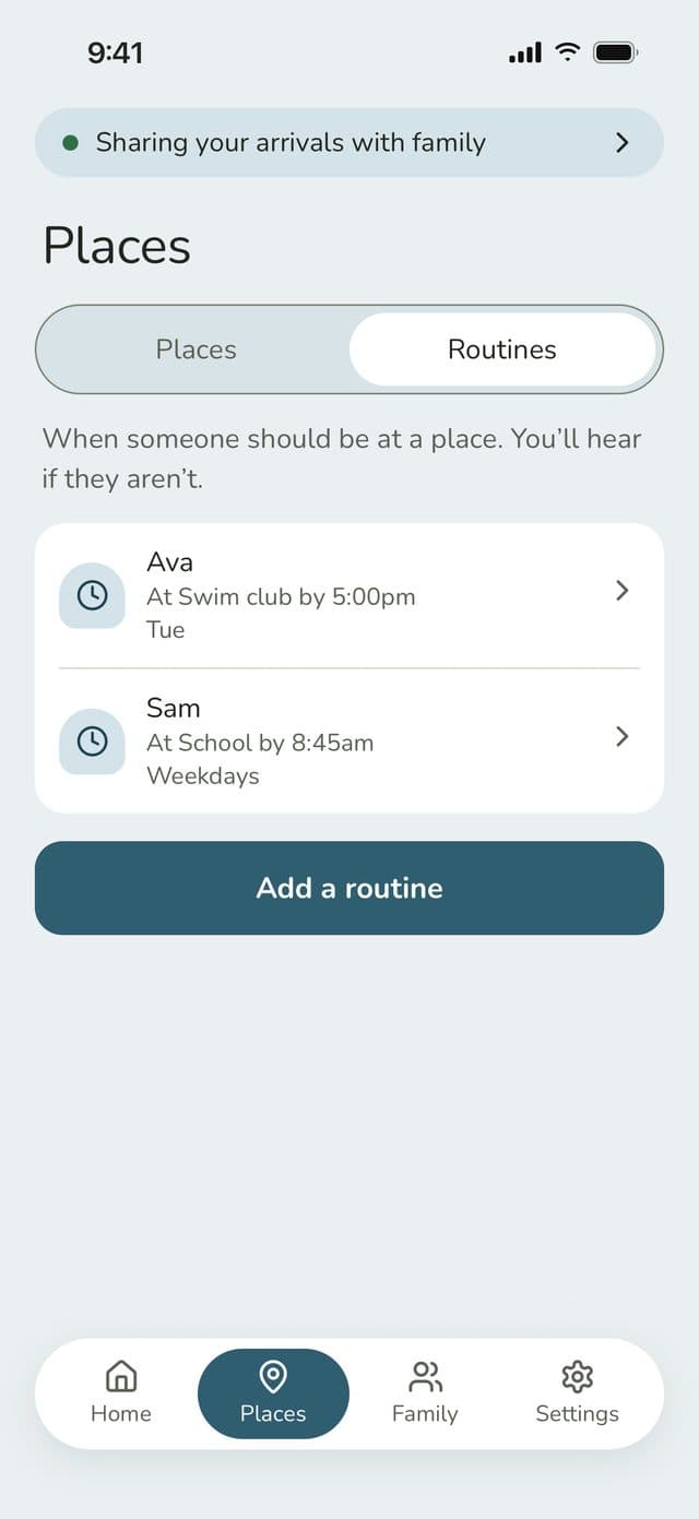 Routines list: Ava at Swim club by 5:00pm on Tuesdays, Sam at School by 8:45am on weekdays