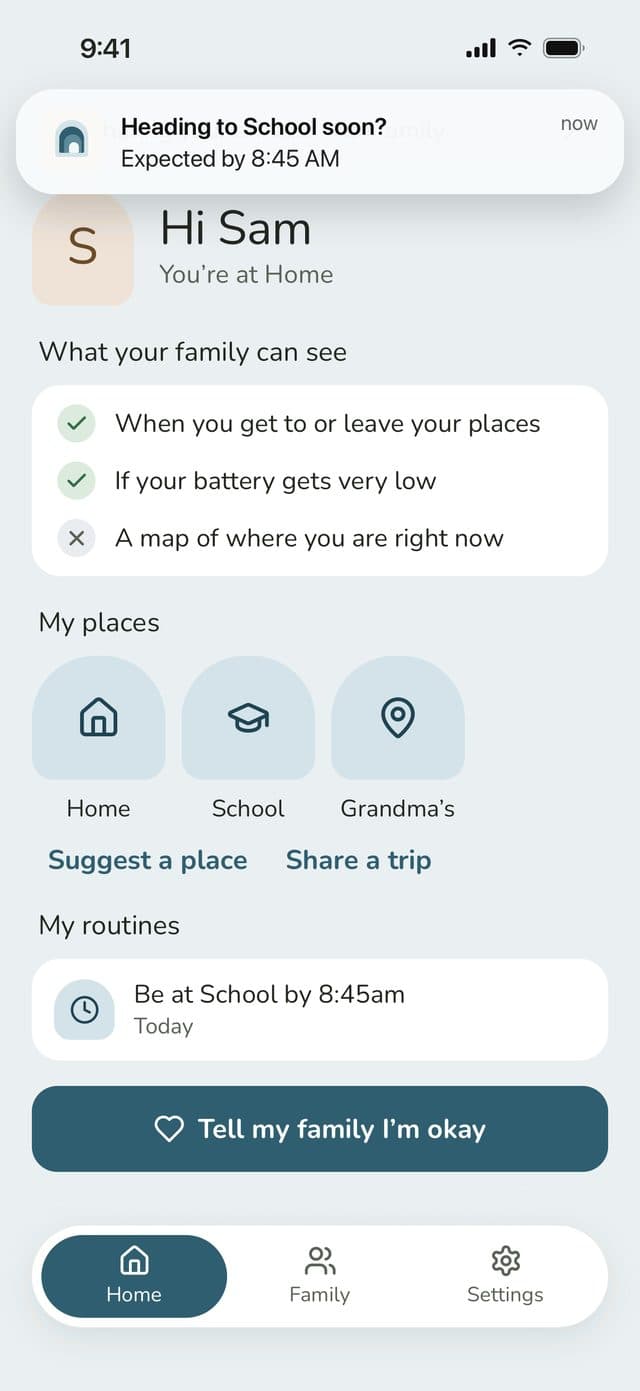 Sam’s phone showing the nudge: Heading to School soon? Expected by 8:45am
