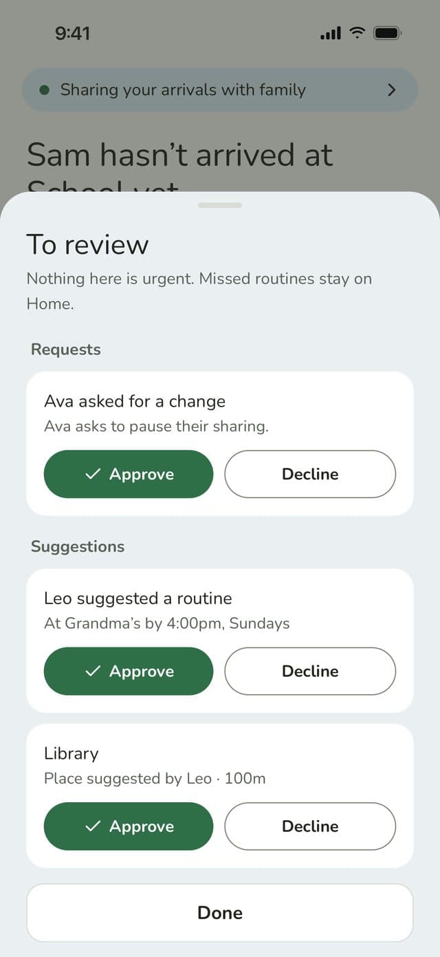 To review sheet: Ava asks to pause sharing, Leo suggests a routine and a new place, each with Approve and Decline